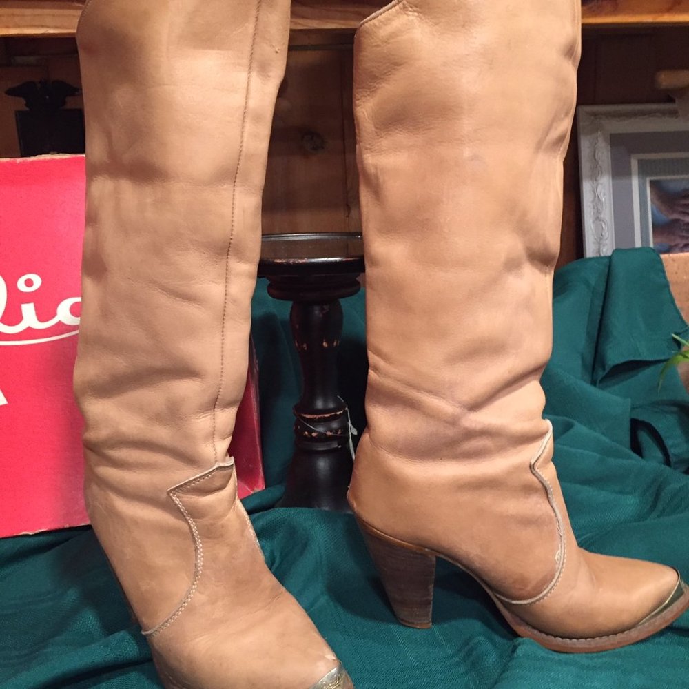 Vintage 1970's Zodiac Heeled Leather Boots Fold Down Top Womens Size 6